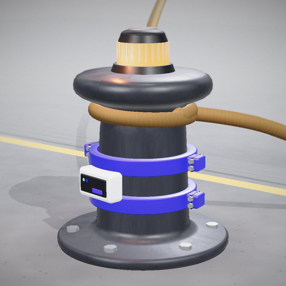 계선주에 장착된 SnapZero Bollard 렌더링: 상단 경광등 모듈, 파란 클램프 칼라 2개, 판정 모듈